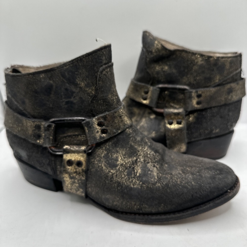 Freebird By Steven Phlow Western 10 Biker Harness Ankle Boots Black Gold Leather